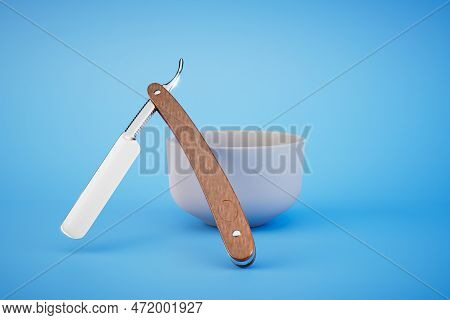 Shaving Razors And Bowl With Foam On Blue Background. 3d Render.