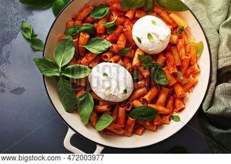 Penne Pasta Marinara With Buratta Cheese And Fresh Basil