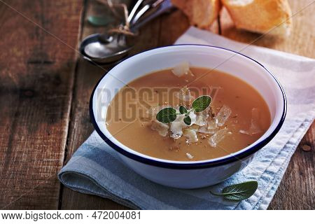 Roasted Garlick And Bean Soup With Sage And Parmesan