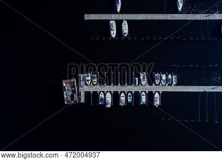 Aerial Drone Scenery Of Fishing Boats And Yachts Moored At The Marina. Kuopio Finland.