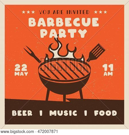 Retro Bbq Party Card Template. Bbq Grill Square Card For Social Media Marketing. Barbecue Post Desig
