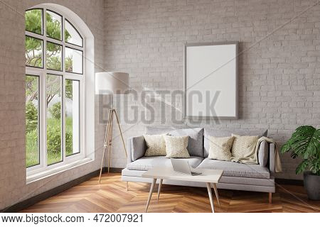 Cozy Living Room Interior In Room Corner; Sunlight Shining Trough Window; Floorlamp And Couch Table 