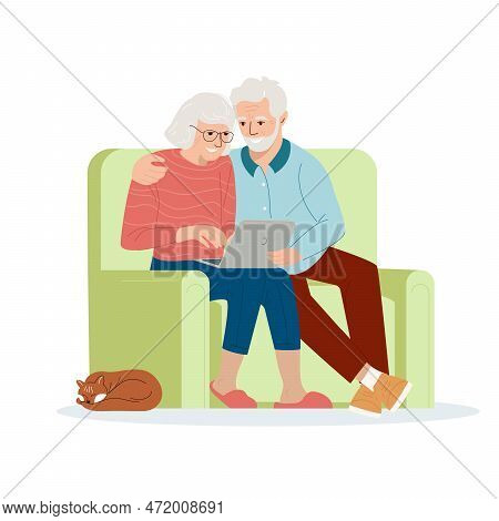 Progressive Old People Use Internet. Senior People And Technologies Concept. Mature Elderly Couple U
