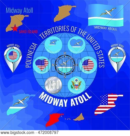 Set Of Vector Illustrations Of Flag, Contour Map, Money, Icons Of Midway Atoll. Travel Concept.