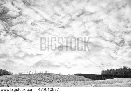Snowy Winter Scene On Cloudy Sky. Cumuliform Cloudscape Over Wintry Landscape