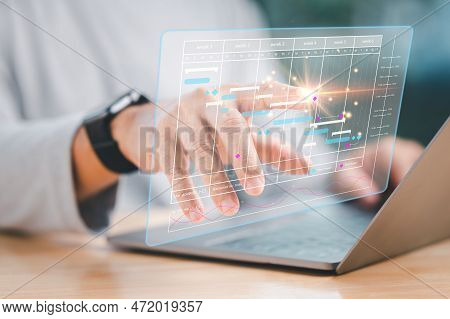 Project Management Concept, Analyst Working With Laptop In Business Analytics And Data Management Sy