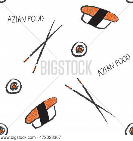 Seamless Pattern With Elements Of Japanese Cuisine, Sushi, Chopsticks, Rolls.