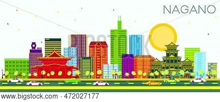 Nagano Japan City Skyline With Color Buildings And Blue Sky. Vector Illustration. Business Travel An