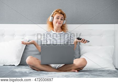 Puzzled Woman Freelancer Has Remote Work. Remote Working Woman Freelancer At Home. Freelancer