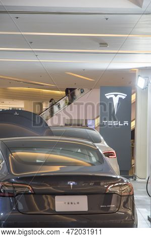 Bangkok, Thailand- 15 Feb, 2023: Tesla Electric Cars Display On The Showroom In The Shopping Mall, B