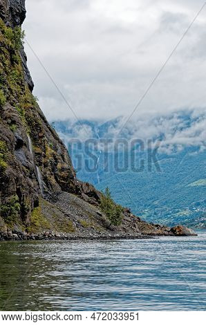 Travel Destination North Of Europe: View Of Aurlandsfjord On Approach To Flaam, Norway. Beautiful Vi