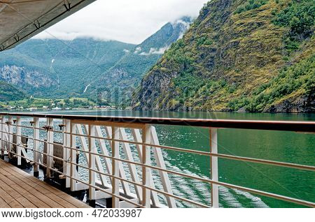 Travel Destination North Of Europe: View Of Aurlandsfjord On Approach To Flaam, Norway. Beautiful Vi