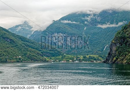 Travel Destination North Of Europe: View Of Aurlandsfjord On Approach To Flaam, Norway. Beautiful Vi