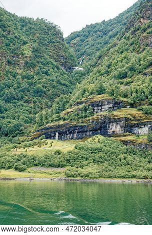 Travel Destination North Of Europe: View Of Aurlandsfjord On Approach To Flaam, Norway. Beautiful Vi