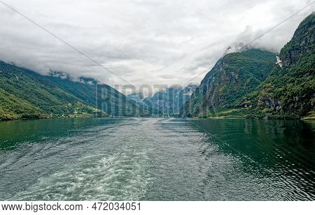 Travel Destination North Of Europe: View Of Aurlandsfjord On Approach To Flaam, Norway. Beautiful Vi