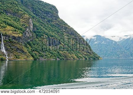Travel Destination North Of Europe: View Of Aurlandsfjord On Approach To Flaam, Norway. Beautiful Vi