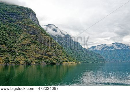 Travel Destination North Of Europe: View Of Aurlandsfjord On Approach To Flaam, Norway. Beautiful Vi