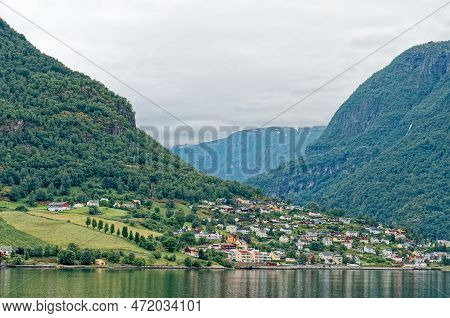 Travel Destination North Of Europe: View Of Aurlandsfjord On Approach To Flaam, Norway. Beautiful Vi