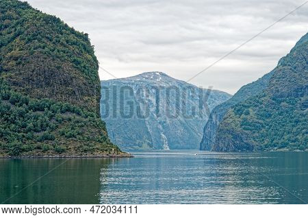 Travel Destination North Of Europe: View Of Aurlandsfjord On Approach To Flaam, Norway. Beautiful Vi