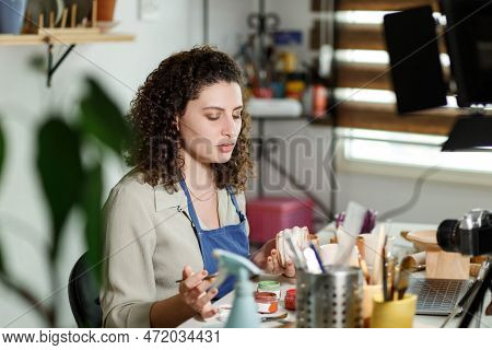 Females Potter In Blue Apron Making A Vlog, Recording Online Course, Clay Master Class, Lessons In H