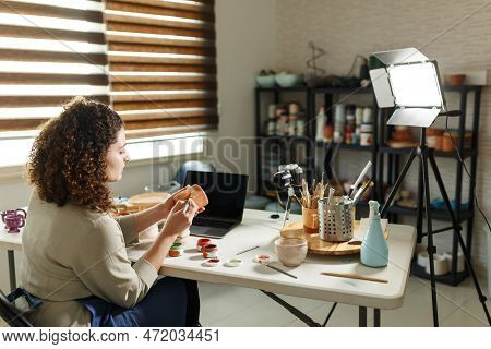 Females Potter In Blue Apron Making A Vlog, Recording Online Course, Clay Master Class, Lessons In H