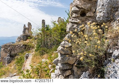 Calascio, Italy-august 9, 2021:particular Of The Ruins Of Rocca Calascio During A Sunny Day