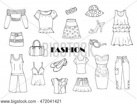 Summer Women Clothes On Doodle Style On White Background, Isolated Object,vector Illustration