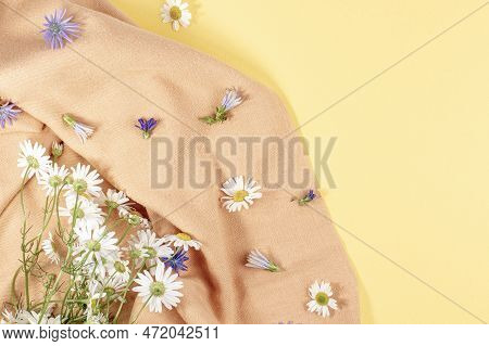 Tippet Or Scarf With Colorful Flowers On Yellow, Summer Or Spring Mood Concept, Flat Lay, Copy Space