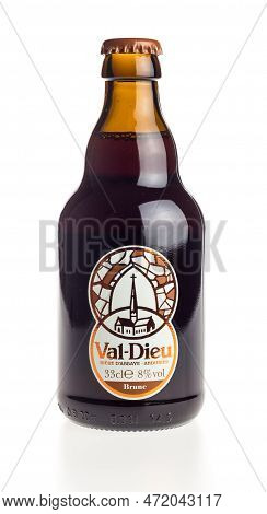 Groningen, Netherlands - March 04, 2023: Bottle Of Belgian Val Dieu Brune Beer Isolated On A White B