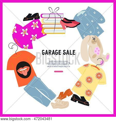 Garage Sale Swap Party Banner Or Poster Design With Assorted Clothes And Footwear, Flat Vector Illus