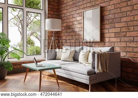 Cozy Living Room Interior In Room Corner; Sunlight Shining Trough Window; Floorlamp And Couch Table 