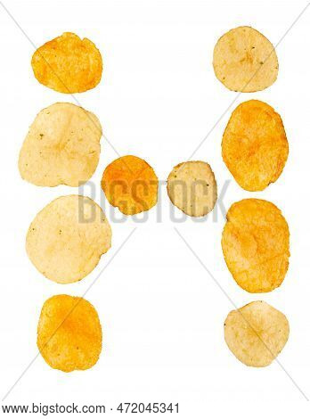 Letter H Made Of Potato Chips And Isolated On White Background. Food Alphabet Concept. One Letter Of