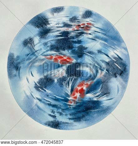 Blue Water With Red Koi Fish Round Watercolor Background