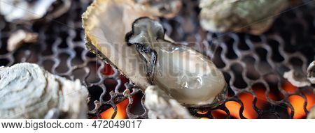 Grilled Fresh Oyster In Taiwan, Famous Street Food.