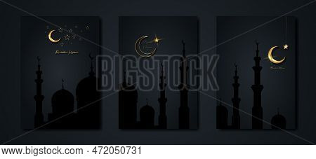 Ramadan Kareem 2023 Vector Set Greeting Card. Gold Half Moon On Black Background. Golden Holiday Pos