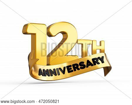 12th Or Twelveth Anniversary In Gold On White Background With Shadow. 3d Illustration