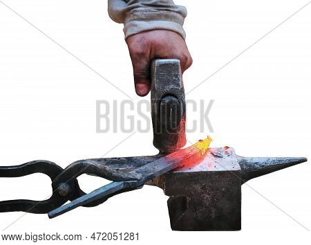 Twisting A Red-hot Billet Is Clamped In The Grip, Isolated On A White Background. Blacksmith Twists 