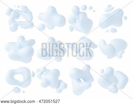 Liquid 3d White Shapes, Abstract Fluid Morphing Organic Compositions. Modern Bubbles And Metaballs. 
