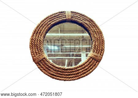 Marine Round Mirror On The Door Of The Ship's Cabin, Isolated On A White Background