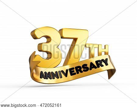 Thirty Seventh Or Thirty Seventh Anniversary In Gold On White Background With Shadow. 3d Illustratio