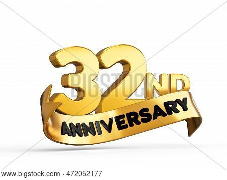 32nd Or Thirty Second Anniversary In Gold On White Background With Shadow. 3d Illustration