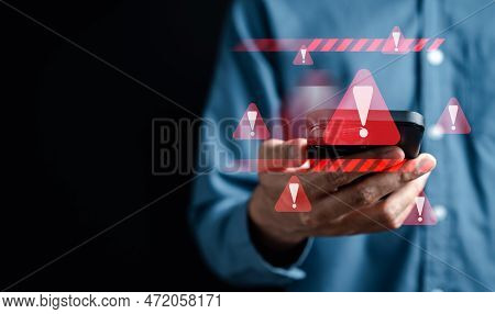 System Warning Caution Sign On Smartphone, Scam Virus Attack On Firewall For Notification Error And 