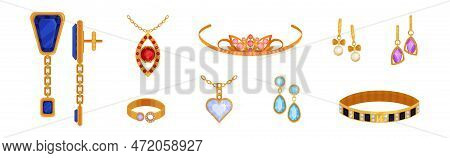 Jewellery Or Jewelry Item As Personal Adornment With Earrings And Pendant Ornament Vector Set