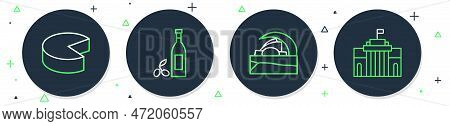 Set Line Bottle Of Olive Oil, Concert Hall De Tenerife, Cheese And Prado Museum Icon. Vector