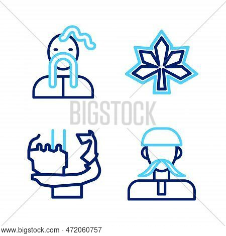 Set Line Ukrainian Cossack, Monument To Founders Of Kiev, Chestnut Leaf And Icon. Vector