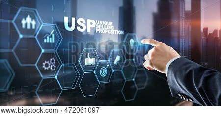 Usp. Inscription Unique Selling Proposition On Virtual Screen. Marketing And Technology Concept