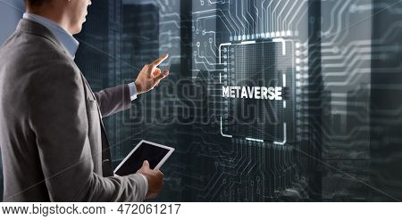 Clicking On The Virtual Screen: Metaverse On Processor Icon. Global Internet Connection Metaverse