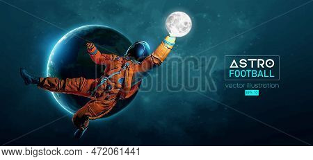 American Football, Rugby Player Astronaut In Space Action And Earth, Moon Planets On The Background 