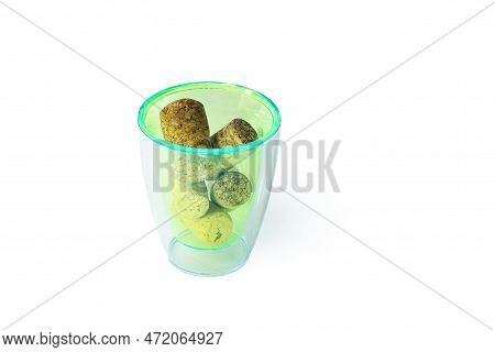 Wine Corks In Glass Isolated On White Background Close-up With Corks From Red Wine Bottles And With 