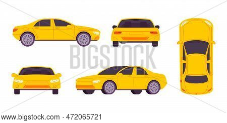 Sedan Sides View. Yellow Auto Car Or Taxi Template Side Front Back Top Views, Drive Automobilism Con